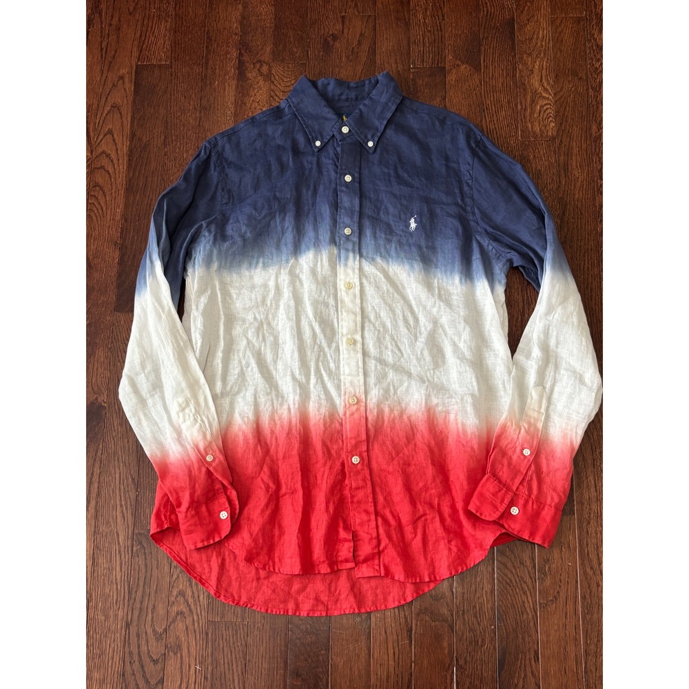 Polo Ralph Lauren Mens Medium Linen Ombre Dip Dye Shirt Red White Blue Pony Logo